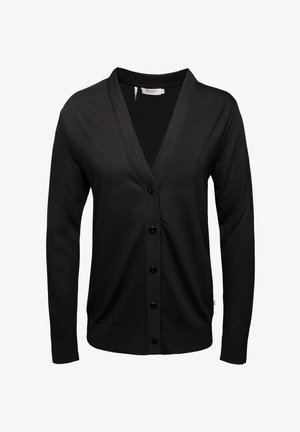 Zwarte cardigan gemaakt van lichtgewicht stof. V-hals ontwerp met knoopsluiting, ribgebreide manchetten en boord. Eenvoudige en klassieke silhouet.