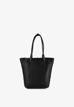 Borsa tote nera strutturata con manici doppi lunghi e una forma rettangolare spaziosa e arrotondata.