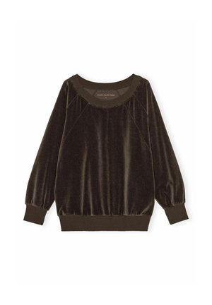 Dark green velvet pullover with a wide round neckline, raglan sleeves, and elasticized cuffs and hem. Soft texture and slightly loose fit.