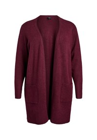 Burgunderfarbener Cardigan mit offenem Vorderteil, langen Ärmeln, gerippten Bündchen und zwei vorderen Taschen; aus einem strukturierten Strickstoff gefertigt.