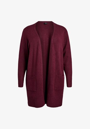 Burgundska cardigan s otvorenim prednjim dijelom, dugim rukavima, rebrastim manžetama i dva prednja džepa; izrađena od teksturiranog pletenog materijala.