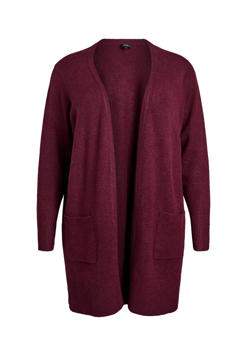 Burgunderfarbener Cardigan mit offenem Vorderteil, langen Ärmeln, gerippten Bündchen und zwei vorderen Taschen; aus einem strukturierten Strickstoff gefertigt.