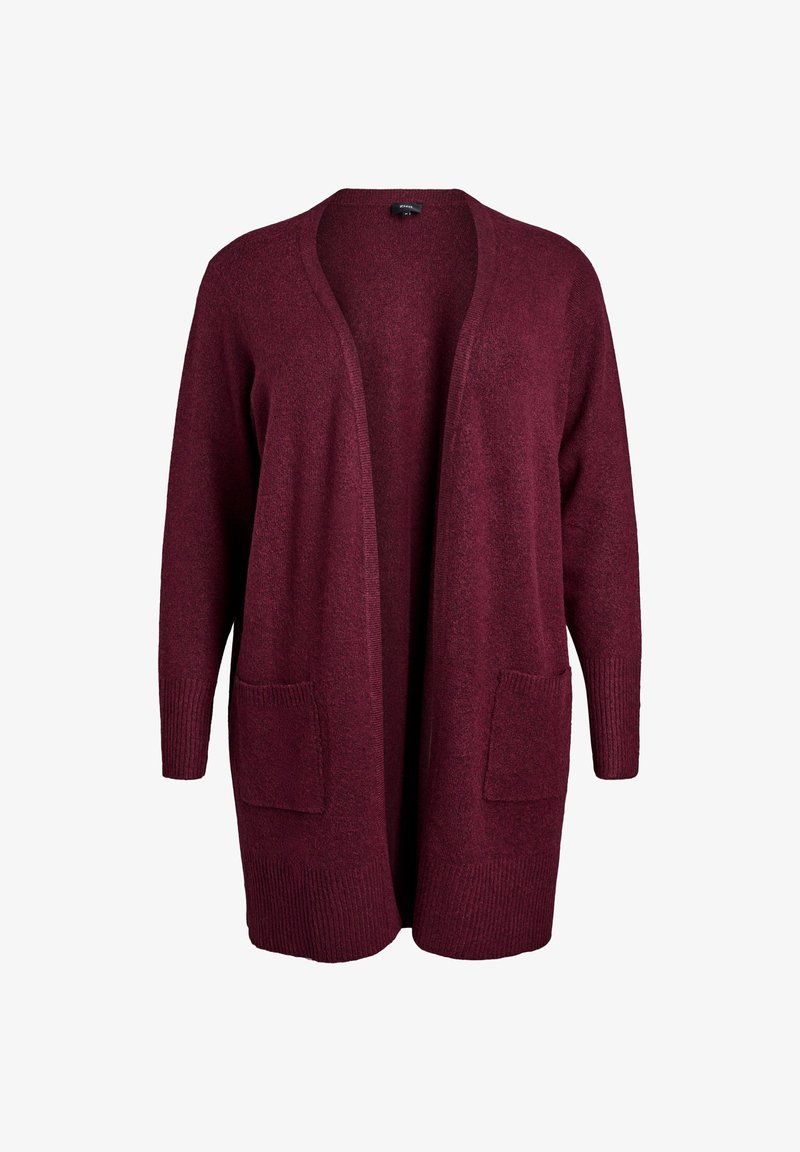 Bordo atviras kardiganas su ilgomis rankovėmis, raukšlėtus rankogalius ir dviem priekinėmis kišenėmis; pagamintas iš tekstūrinio mezgimo audinio.