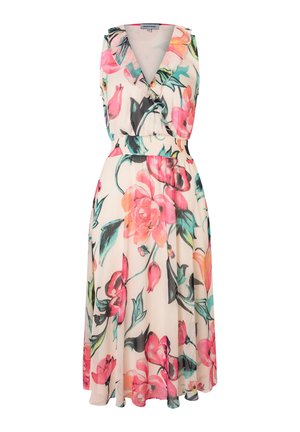 Sleeveless midi dress with V-neck, elastic waistband, and large pink and green floral print on light beige fabric.