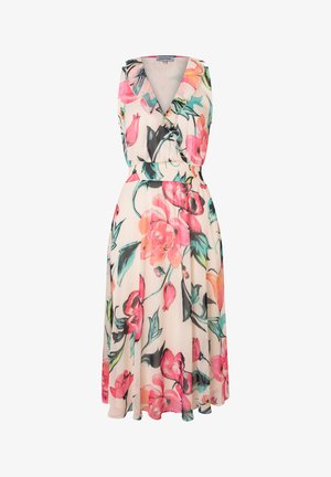 Mouwloze midi-jurk met V-hals, elastische tailleband en grote roze en groene bloemenprint op lichtbeige stof.