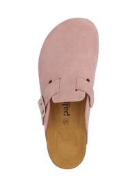 Rosa Wildleder-Slipper mit zwei Schnallenriemen, Korkfußbett und glatter Innenoberfläche. Enthält ein Logo-Emblem im Inneren.