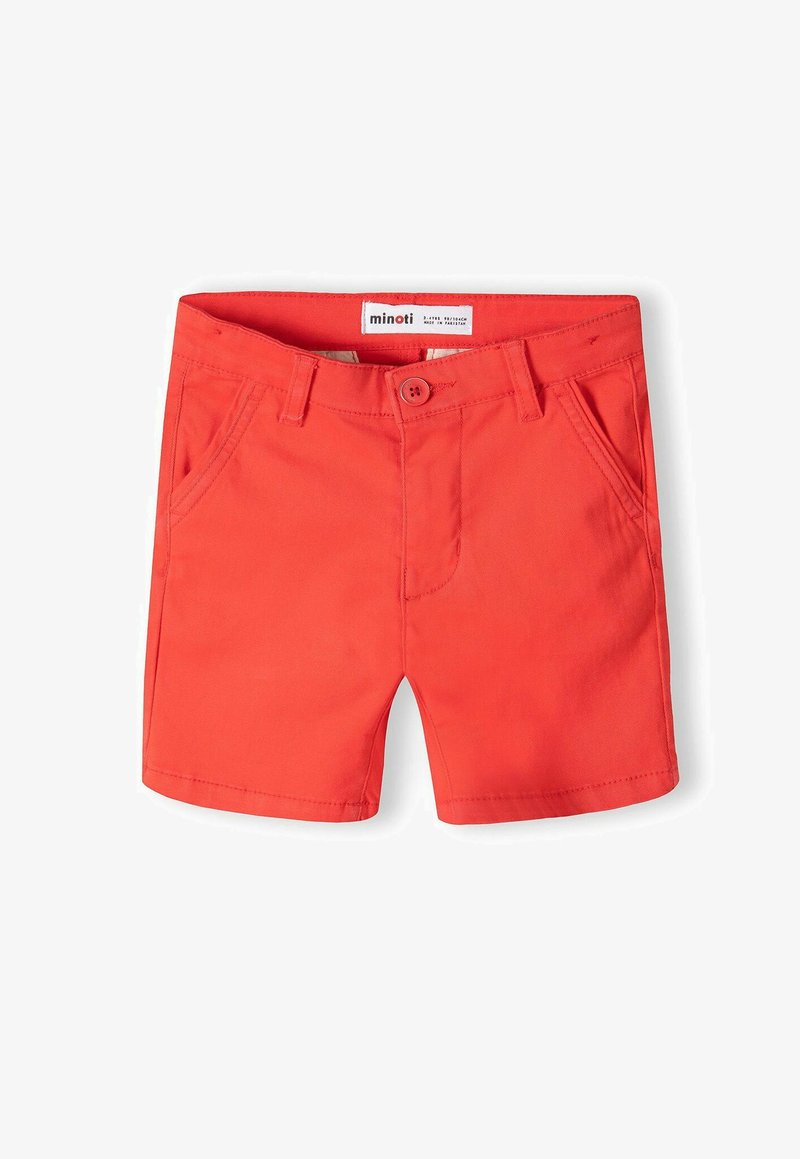 Červené bavlnené šortky s hladkým povrchom, ktoré majú dve predné vrecká, pásky na opasok a gombíkový uzáver v páse.