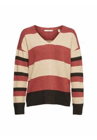 Rot-beige-schwarz gestreifter Pullover mit V-Ausschnitt, weitem Schnitt und langen Ärmeln. Hergestellt aus weichem, strukturiertem Material.