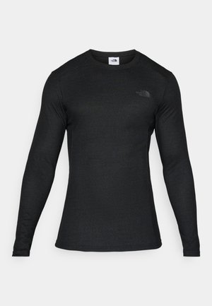 Long-sleeve black shirt made of a lightweight, smooth material with a round neckline and a small, black logo on the front left side.