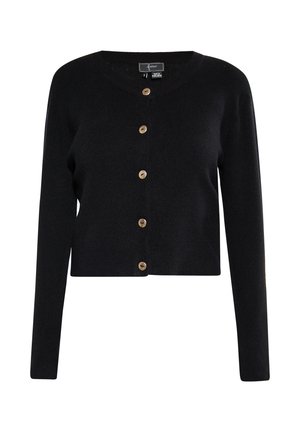 Cardigan nero a maglia con maniche lunghe, scollo a V e bottoni in legno sul davanti. Tessuto testurizzato, lunghezza cropped.