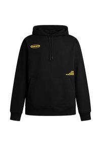 Sudadera negra de mezcla de algodón, con un bolsillo frontal, capucha con cordones y texto del logo amarillo en el pecho y el lateral.
