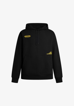 Černá mikina s kapucí vyrobená z bavlněné směsi, s přední kapsou, šňůrkou na stažení v kapuci a žlutým logem na hrudi a boku.