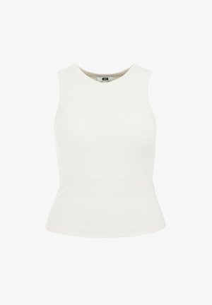 Valge, ilma varrukateta top ribitud kangast. Kõrge kaelus, kehakujuline lõige, sile tekstuur ja ilma lisamustrite või kaunistusteta.