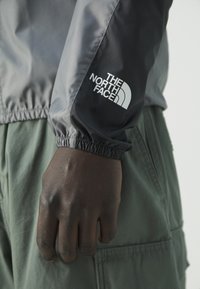 Grauer Windbreaker-Jacke mit elastischen Bündchen, versehen mit einem weißen Logo von "The North Face" am Ärmel, kombiniert mit olivgrünen Hosen.