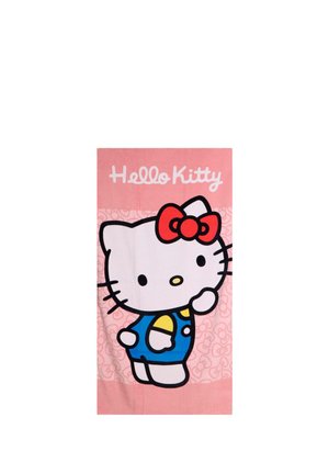 Pinke Handtuch mit Hello-Kitty-Figur, die ein blaues Outfit und eine rote Schleife trägt, mit dem Text "Hello Kitty" darüber.