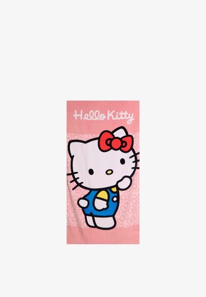 Pink towel featuring Hello Kitty character wearing a blue outfit and red bow, with "Hello Kitty" text above.