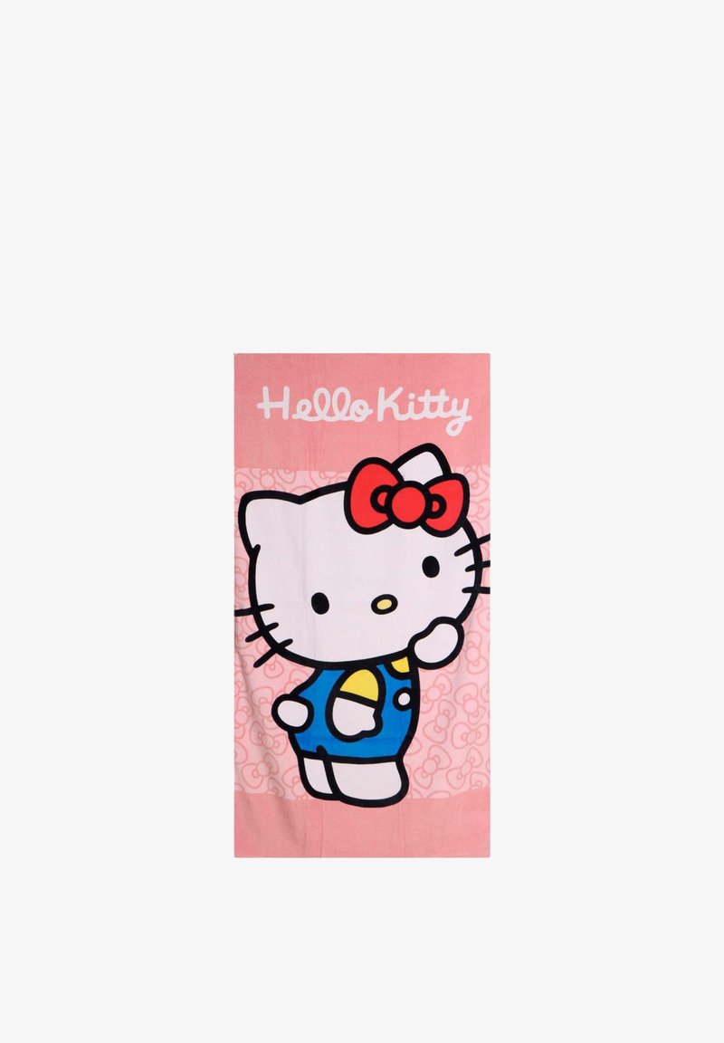 Serviette rose présentant le personnage Hello Kitty portant une tenue bleue et un nœud rouge, avec le texte « Hello Kitty » au-dessus.