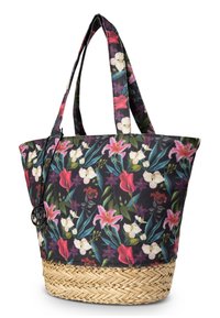 Bloemenprint draagtas met een zwarte achtergrond, voorzien van roze en witte bloemen, een geweven rieten basis en twee stevige stoffen handvaten.