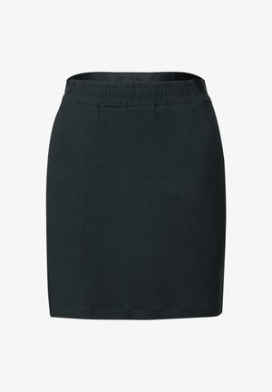 Jupon noir en coton extensible avec une coupe ajustée et une taille élastique. Texture lisse sans motifs ni accents visibles.