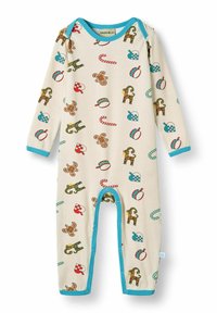 Cream-colored onesie featuring colorful patterns of gingerbread men, candies, and holiday ornaments. Trimmed with teal at the neckline and sleeves.