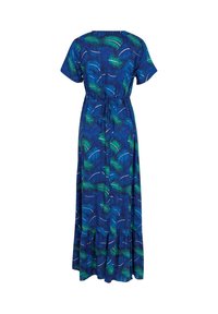 Robe maxi bleue avec manches courtes, ceinture à la taille et motif de feuilles tropicales vertes et blanches, vue de dos.