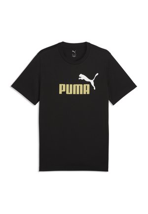 T-shirt noir à manches courtes avec texte jaune audacieux « "PUMA" » et logo puma blanc au-dessus sur la poitrine, présenté sur fond uni.