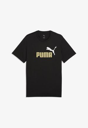 Black short-sleeve t-shirt with bold yellow "PUMA" text and white puma logo above it on the chest, displayed on plain background.