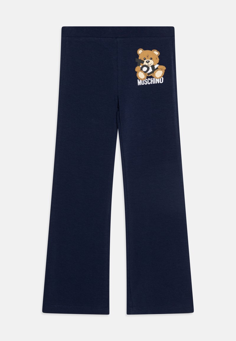 Pantalones de lounge de algodón en color navy con un corte relajado. Cuenta con un gráfico de oso bordado y el texto "MUSCHINO" en la parte superior izquierda.