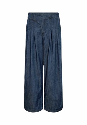 Traper culottes s srednje visokim strukom, naboranim prednjim dijelom i širokim nogavicama. Tamnoplavi ton s suptilnom teksturom i detaljima šavova.