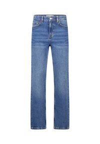 Jeans de mezclilla azul con un corte regular, piernas rectas, diseño de cinco bolsillos y costura en contraste. Presenta un cierre de botón y pasadores para cinturón.