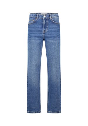 Blauwe spijkerbroek van denim met een reguliere pasvorm, rechte pijpen, vijf-pocket ontwerp en contrasterende naden. Voorzien van een knoopsluiting en riemlussen.