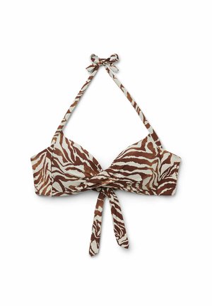 Bikini-Oberteil mit braunem und cremefarbenem Tierdruck, einem verdrehten Frontdesign, verstellbaren Halterträgern und einer Schleife im Rücken.