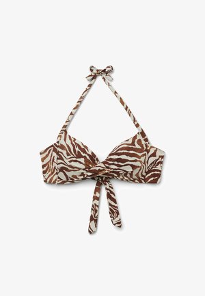 Bikini-Oberteil mit braunem und cremefarbenem Tierdruck, einem verdrehten Frontdesign, verstellbaren Halterträgern und einer Schleife im Rücken.