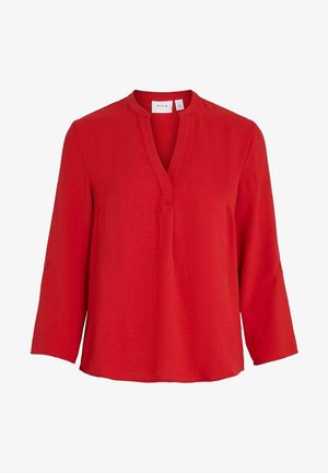 Blusa roja de manga larga con cuello mandarín, abertura en V en el escote y corte relajado, de la marca VILA.