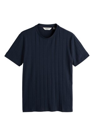 Tricou bleumarin cu mâneci scurte, textură verticală tip reiat și decolteu rotund, prezentat plat pe fundal alb.
