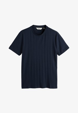 Tricou bleumarin cu mâneci scurte, textură verticală tip reiat și decolteu rotund, prezentat plat pe fundal alb.