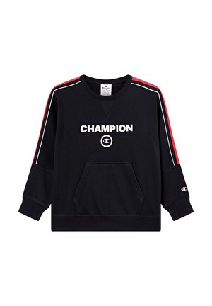 Schwarzer Hoodie mit "CHAMPION"-Logo, roten Akzentstreifen an den Ärmeln, Rundhalsausschnitt und Fronttasche. Weicher Stoff mit gerippten Bündchen.