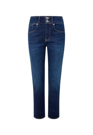 Donkerblauwe denim jeans met een slim fit, met een hoge taille, vijf zakken en contrasterende stiksels. Twee-knopen ritssluiting en details van metalen hardware.