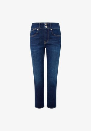 Tumedat sinised teksad kitsaste lõikega, kõrge vöökohaga, viie taskuga ja kontrastse õmblusega. Kahe nupuga tõmblukk ja metallist detailid.