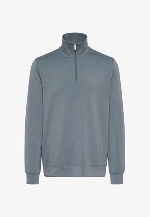 Jasnoszary sweter z wysokim kołnierzem i pół zamkiem. Wykonany z miękkiego materiału, z gładką fakturą i ściągaczami przy mankietach.