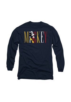 Navy long-sleeve shirt with colorful "MICKEY" text and Mickey Mouse character integrated in the design on the front.