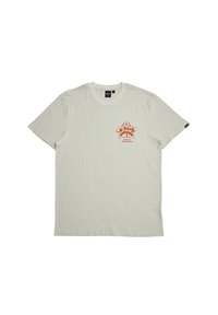 Light beige cotton t-shirt with a crew neck, featuring an orange graphic print of a ship and text "Custom Surfboards" on the front.