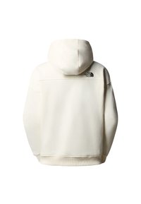 Cream-colored hoodie made of soft fabric, featuring a kangaroo pocket, ribbed cuffs, and the North Face logo in black on the back.