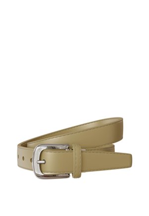 Beige leather belt coiled with silver rectangular buckle and stitched edges against white background.