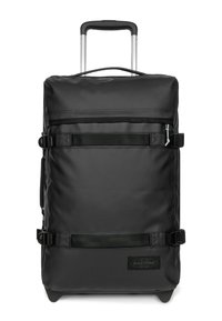 Bolsa de lona negra con ruedas, fabricada con un tejido duradero, correas ajustables, una asa superior y un mango retráctil. Cuenta con un parche con el logo.