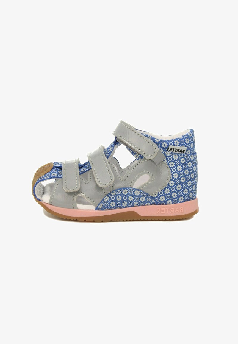 Light gray sandal with blue floral pattern, adjustable straps, open-toe design, pink sole, and breathable cutouts for ventilation.