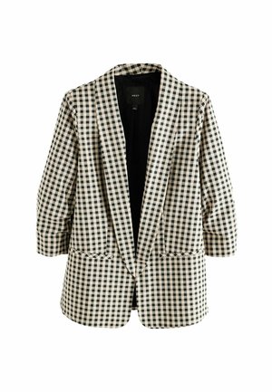 Blazer s kostkovaným vzorem v černé a bílé barvě, se šálovým límcem, tříčtvrtečními rukávy, dvěma předními kapsami a mírně strukturovaným střihem.