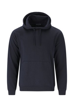 Marineblauwe hoodie gemaakt van zachte stof, met een voorzak, trekkoord en ribgebreide manchetten en zoom.