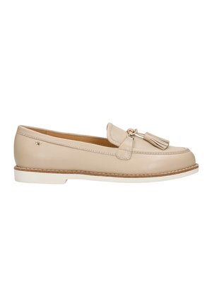 Beige leather loafer with tassel accent. Smooth upper, contrasting white sole, and decorative stitching along the edge. Classic design.