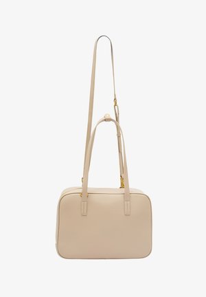 Beige leren handtas met een rechthoekige vorm, twee rechte handvatten, een verstelbare schouderband en gouden hardware-accenten. Glad textuur.
